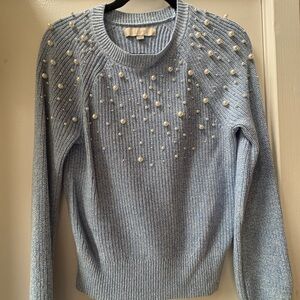 LOFT Sky Blue Sweater with Pearl Embellishments